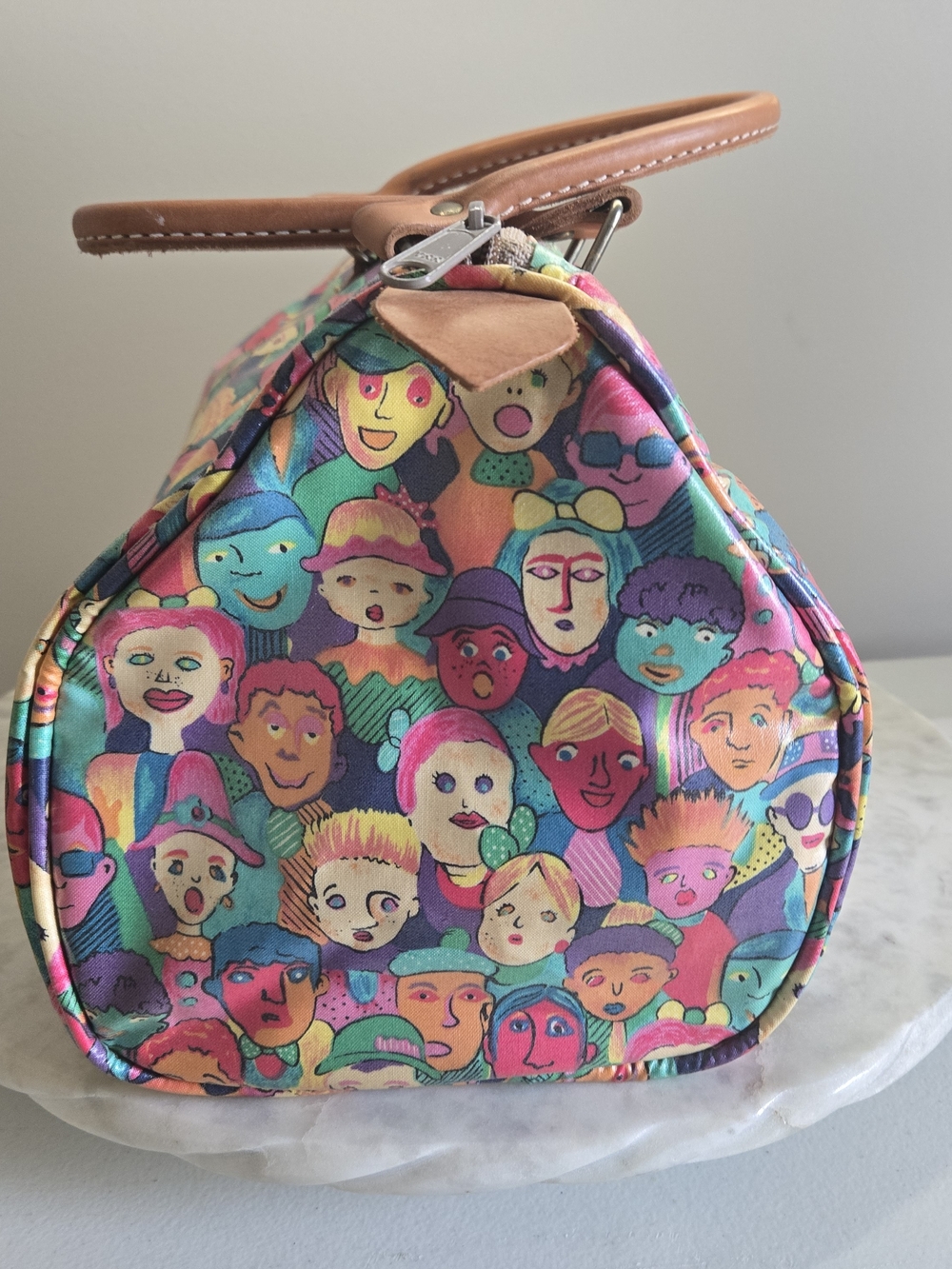 Colorful Faces Print Satchel with Tan Handles - Picture 2 of 7